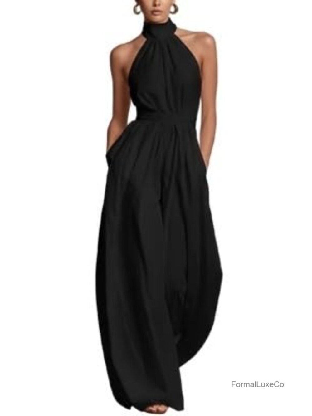Women's Halter Neck Sleeveless Wide Leg Jumpsuit Tie Waist Polyester Spandex